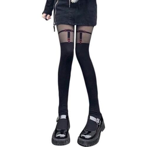Y1QD Women Girls Gothic Punk Black Pantyhose Fake Garter Belt Thigh High Illusion Stockings Sexy Tights Harajuku Hosiery