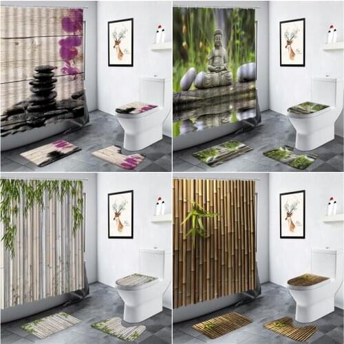 Zen Buddha Green Bamboo Shower Curtains Black Stone Garden Scenery Bathroom Decor Carpet Anti-slip Door Mat Toilet Bath Mats Set