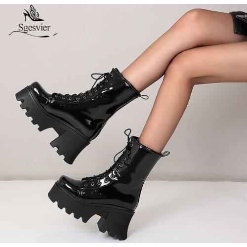 Sgesvier 2021 Winter New Rosy Black Lace-up Cross-tied Punk Gothic Women Shoes Platform Chunky High Heels Martin Ankle Boots