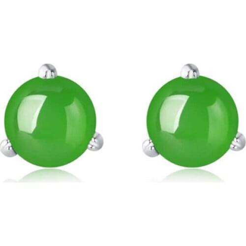 Pure S925 Silver Earrings Women Green Jadeite Round Stud Earrings Vintage Earrings
