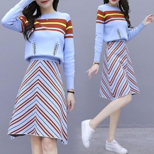 Autumn Winter Female Fashion Elegant Pullover Sweater +Knit skirt Two-piece Set Women Color matching Embroidery Suit R659