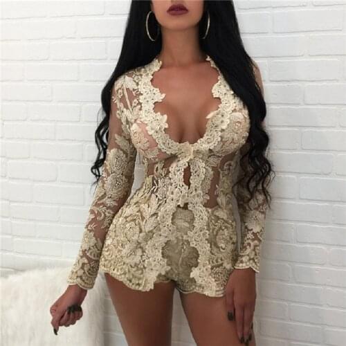 Sexy Mesh Two Piece Outfit Women Gold Embroidery Floral Lace Single Button Long Sleeve Shorts Set Chic Bodycon 2 Piece Clubwear