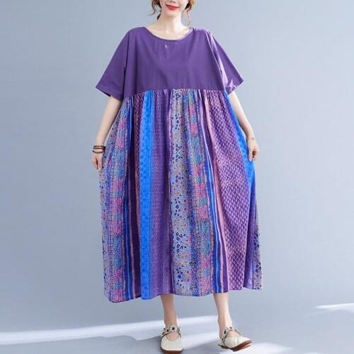 Oversized Women Summer Cotton Linen Long Dress New 2021 Vintage Style Patchwork Print Loose Female Casual Maxi Dresses B594