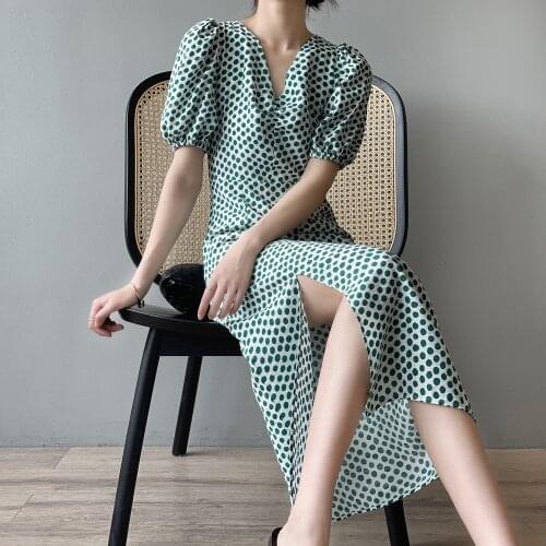 2021 Summer Dress Women Sexy V-Neck Dot Bodycon Dress Slim Split Hem Dress Boho Elegant Vestidos Femme Streetwear Green Dress