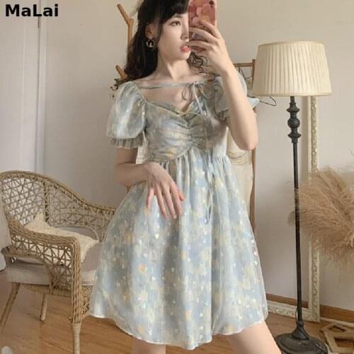 For Females 2021 Summer Sexy French Kawaii Sweet Dress Women Short Sleeve Lace-Up Elegant Dress Floral Design Party Fairy Dress