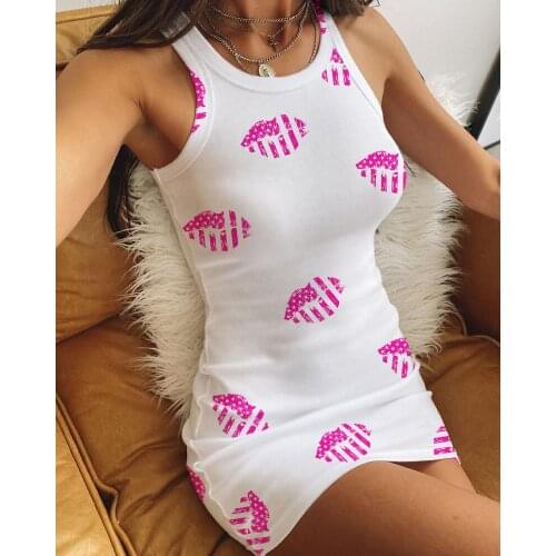 2020 Women Summer Sleeveless O Neck Casual Sexy Party Mini Bodycon Dress Elastic Contrast Binding Lip Print Ribbed Dress