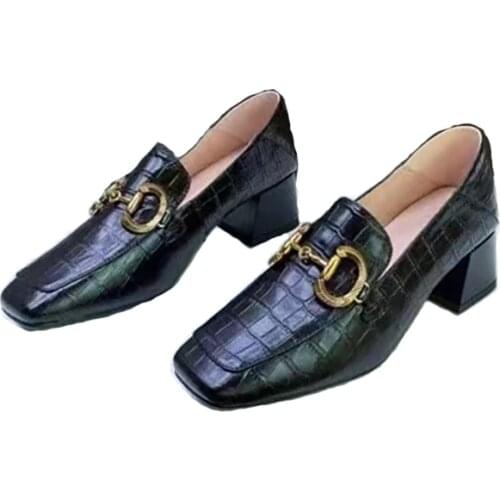 4 CM High Heel Pumps Women Genuine Cowhide Leather Luxury Crocodile Pattern Vintage Horse-bit Metal Decoration Shoes Spring New