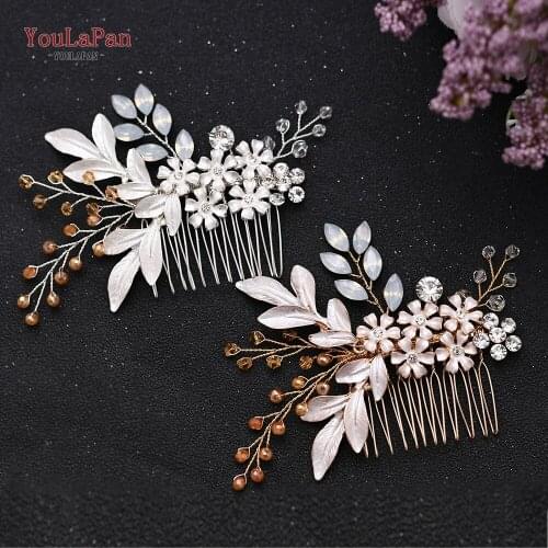YoulaPan HP310 Bridal Side Comb Silver Golden Wedding Hair Clip Alloy Flower Bridal Hair Pins Bridal Hair Jewelry for Bride
