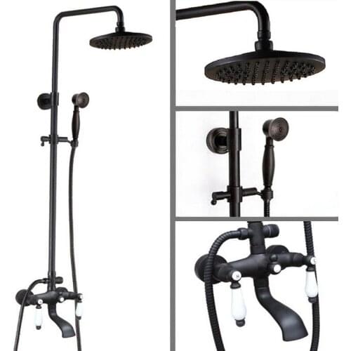 Black Oil Rubbed Brass Dual Ceramics Handles Bathroom Rain Shower Faucet Set + Rainfall 8" Shower Head + Handheld Shower ahg145