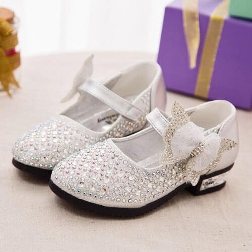 Children Girls Shoes With Low-Heeled Princess Shoes Kids Baby Rhinestone Girls Shoes Spring/Autumn ChildS Leather Shoes Bow