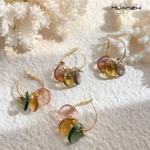 HUANZHI 2020 New Trendy Colorful Transparent Resin Hoop Earrings Geometric Multi-layer Round For Women Girls Party Jewelry
