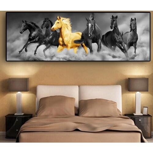HUILIN Six Running Black and Gold Horse Animals Canvas Painting Art Gold Posters and Prints Wall Art Picture For Living Room
