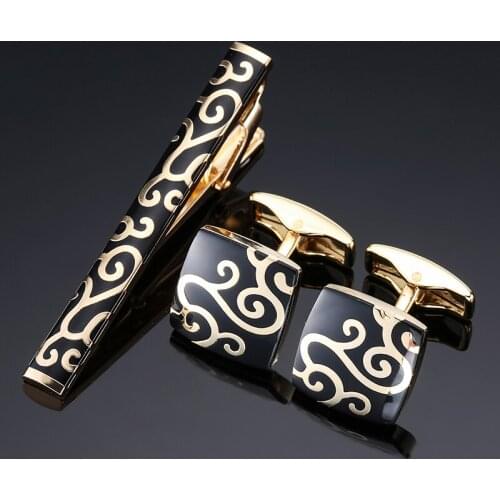Classic Retro pattern Cufflinks Tie Clips Sets for Mens Accessories Fashion Cuff links Business Gift Gold Brand Jewelry