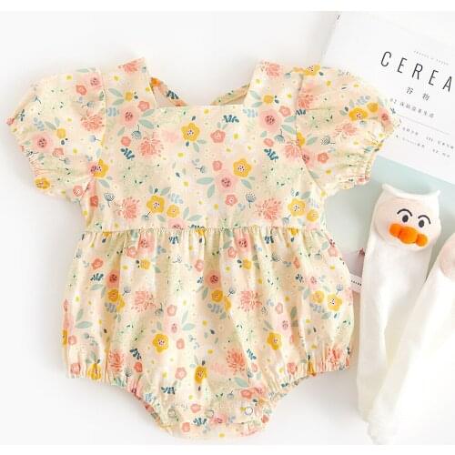 Newborn Baby Girls Rompers Girls 2021 Retro Floral Short Sleeve Breathable Playsuit For 0-2 Years Toddler Girls Clothing Outfits