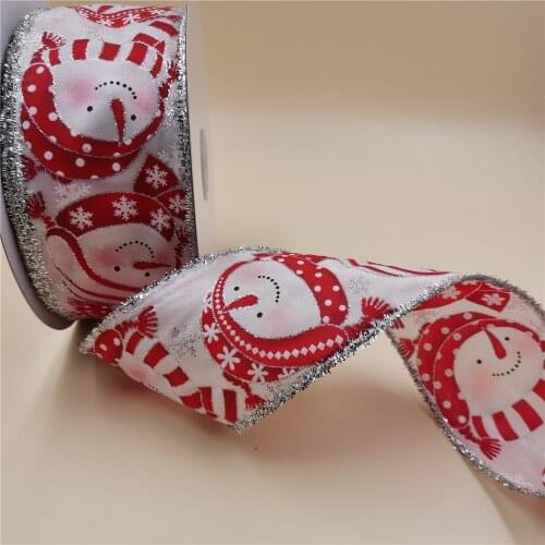 63MM X 25 Yards Wired Edge Decorative Snowman Christmas Ribbon with silver floss for Birthday Decoration Gift Wrapping 2-1/2"