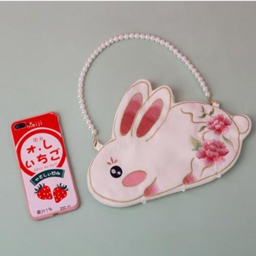 Kawaii 2021 Animal Rabbit Hanfu Flower Cute Embroidery Pearl Top Handle Purse Phone Bag Tassel Totes Dinner Bags Handbag