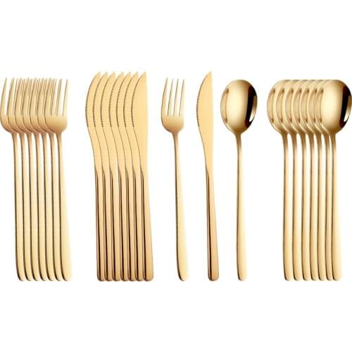 24pcs Dinner Set Dinnerware Korean Cutlery Tableware Gold Stainless Steel Utensils Dessert Knife Spoon Fork Kitchen Silverware