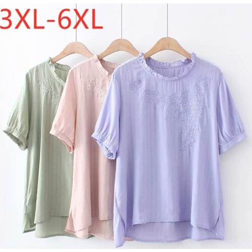 New 2021 Ladies Summer Plus Size Tops For Women Large Blouse Short Sleeve Linen Pink Purple Embroidery Shirt 3XL 4XL 5XL 6XL