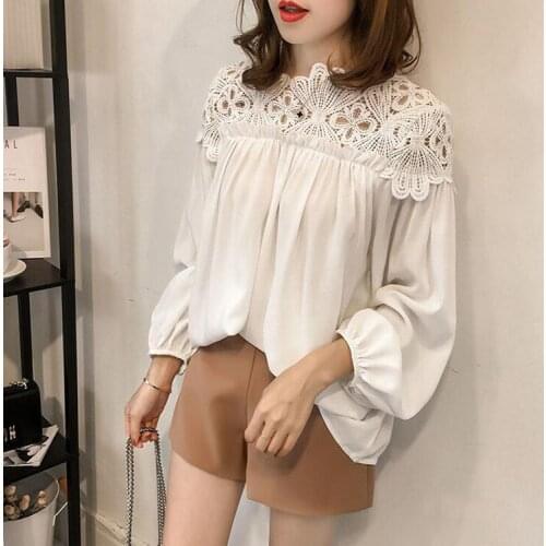 2019 Spring New Style Korean-Style Fashion Crochet Cutout Lace Panel Chiffon Shirt Female Long Sleeve Top