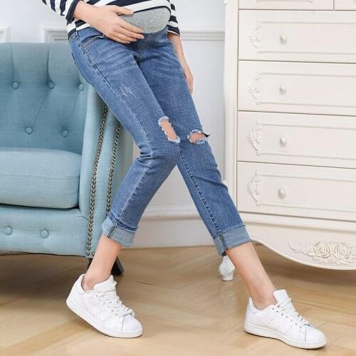 Skinny Maternity Pants Hole Jeans Spring Summer Autumn Trousers for Pregnant Women High Waist Pants Care Belly Plus Size