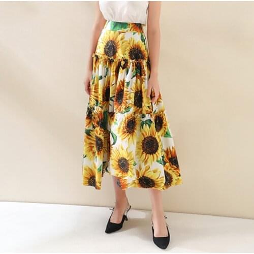 Wholesale Runway Cotton Skirt 2020 Spring Autumn Women New Fashion Designer Women Ruffles Sunflowers Printed Long Skirt