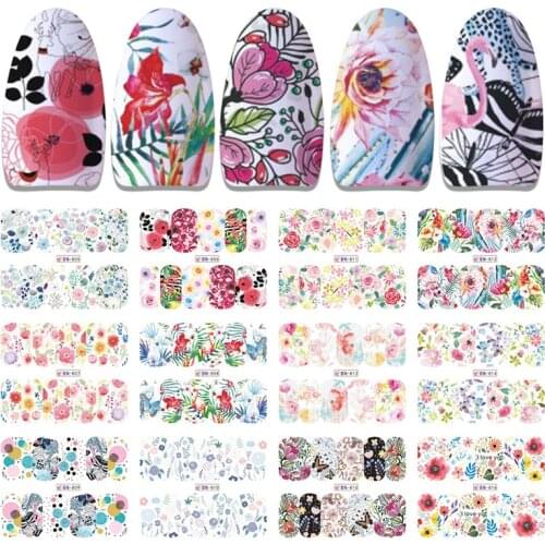 12Designs/Sheet Water Decals Transfer Nail Art Stickers Slider Full Cover Tips Flowers Flamingo Stickers Manicure Drop Shipping