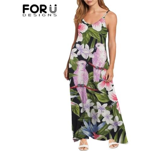 FORUDESIGNS Parrot And Flower Print Sexy V Neck Maxi Dress Women Spaghetti Strap Sleeveless Backless Sling Dresses Vestido Mujer