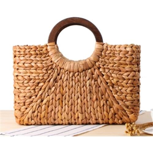Wooden ring Portable Women straw Bag Korean Foreign of Corn Skin RETRO Art Beach Bag Travel Pictures Props Straw Bag Moon Bag
