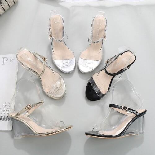 Summer PVC Clear Open Toe Temperament Office Ladies High Heels Side Straps Buckle Women Shoes Transparent Wedge Crystal Sandals