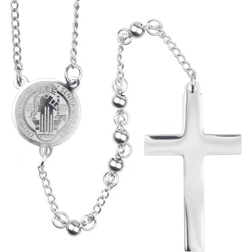 St Benedict Silver Rosary 4mm Stainless Steel Beads Jewelry Religious Catholic High Quality Cross Necklace