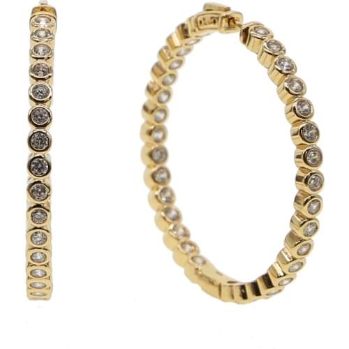 Gold color Front back Full cubic zirconia round bezel band fashion classic 2" Huggie hoop earring for women with spring clasp