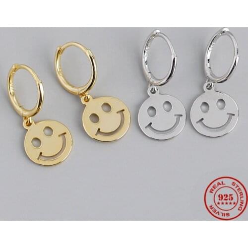 Real 925 Sterling Silver Cute Lucky Smiley Face Pendant Dangle Earrings for Fashion Party Office Jewelry Accessories Gifts