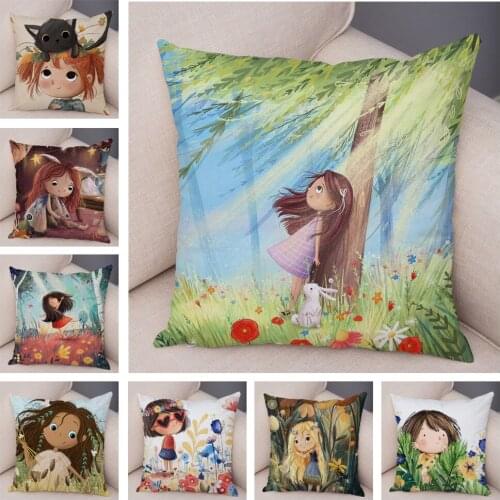 Super Soft Plush Pillow Case for Sofa Home Watercolor Cartoon Girl Cushion Cover Decor Fairy Tale World Lovely Child Pillowcase