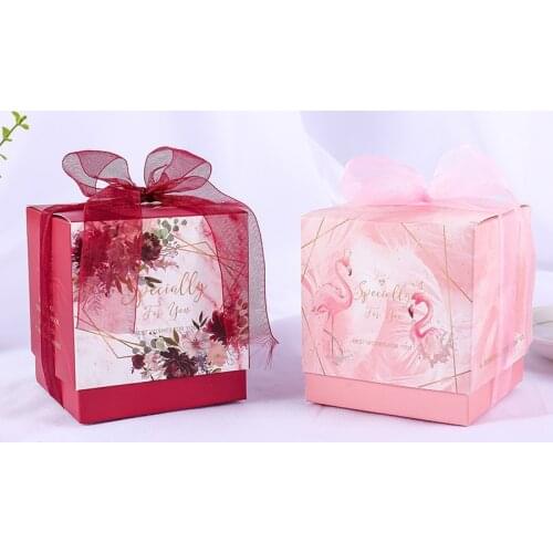 Wedding birthday candy box With Ribbon Flamingo paper packaging flower gift box boite dragees mariage картон упаковка для мыла