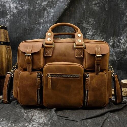 Vintage Genuine Leather Briefcase Men 16" Big Cowhide Business Laptop work Tote casual Cow Leather multifunctional Messenger Bag