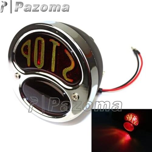 Pazoma Chrome Black Motorcycle "STOP" Tail Brake Light 12V Motorbike Round Brake Flashing Lights For Rat Hot Rods Custom