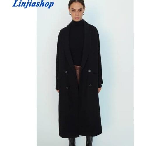ZA Women Tweed Long Jacket with Double Button Big Pocket Solid Elegant Black Outwear Turn Down Collar Femme Winter Thick Coat