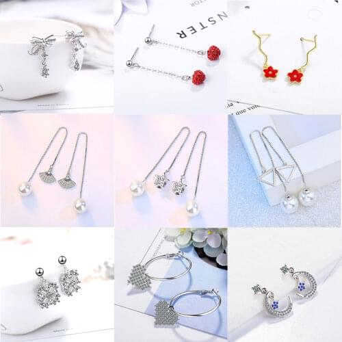 ANENJERY 925 Sterling Silver Long Earline Pearl Zircon Pendant Earrings For Women Temperament Tassel Light luxury Accessories