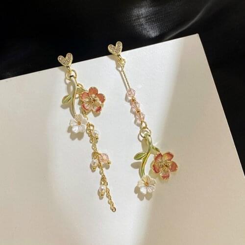 New Korean Ethnic Asymmetric Shell Pink Flower Love Drop Earrings For Women Sweet Elegant Tassel Party Jewelry Gifts