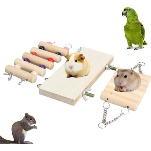 3Pcs Pet Hamster Rabbit Wooden Hamster Climbing Stairs Beads Hanging Swing Ladder Plate Cage Chew Toy Accessories Pets Products