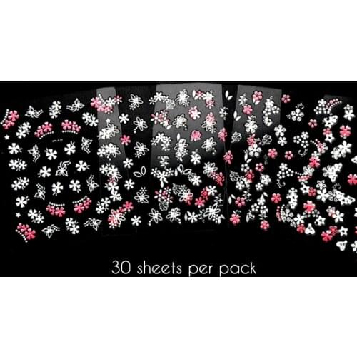 30pcs/1pack 3D Flowers Nail Art Stickers Colorful DIY White Red Nail Stickers Decals Foils Manicure Wraps Decorations
