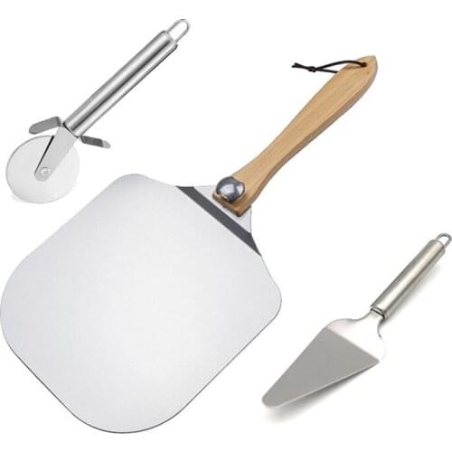 Aluminum Pizza Peel with Shovel and Cutter with Foldable Wooden Handle, for Indoor and Outdoor Pizza Oven