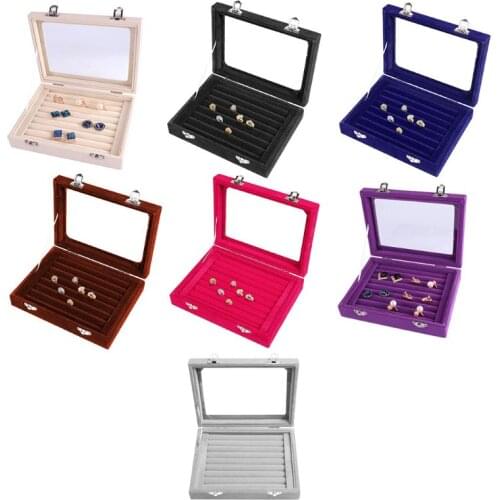 Velvet Glass Ring Earring Jewelry Display Organizer Box Tray Holder Storage Case Y1UA