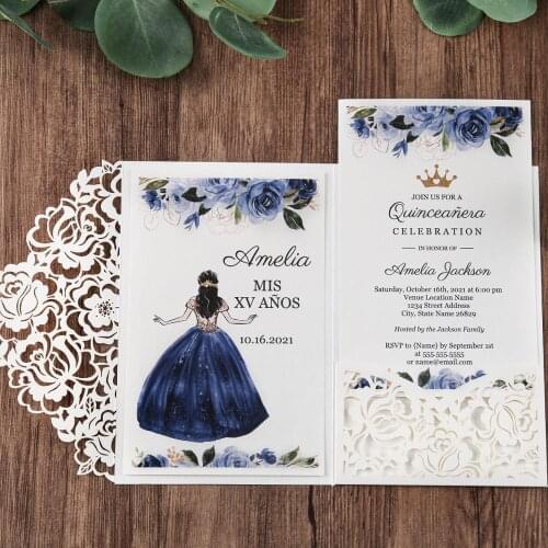 White Laser Cut Floral Pocket Greeting Cards with Envelope Customized Party Wedding Invitations, 100pcs , CW0008W