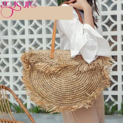 Gusure Bohemian Round Tassel Women Straw Bag Designer Spike Paper Rattan Shoulder Bags Large Casual Handbags Summer Beach Purses