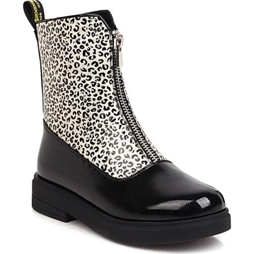 Microfiber Stitching Leopard Print Platform Ankle Boots PU Square Heel Zipper Short Boots Short Plush Winter Warm Shoes