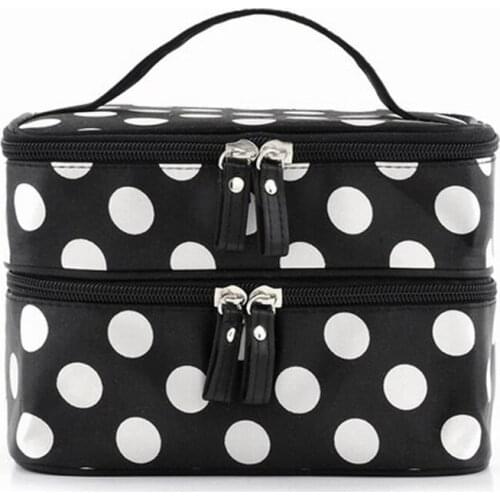Black Travel Cosmetics Make Up Bags Beauty Womens Organiser Toiletry Purse Handbag Polka Dots Design Gift