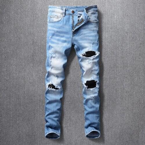 Fashion Streetwear Men Jeans Retro Blue Destroyed Designer Elastic Slim Fit Ripped Jeans Men Patches Hip Hop Denim Punk Pants