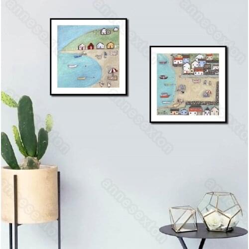 Suburban Life Pictures Canvas Painting Wall Poster Nice Houses Many Boats Green Hill and Lake for Living Room Restaurant Decorat