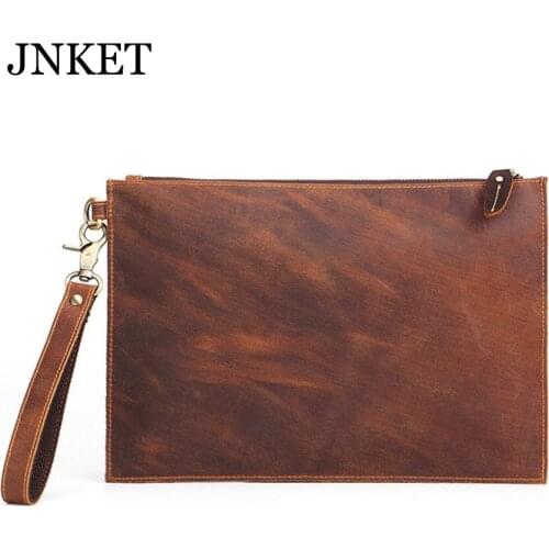 JNKET Retro Mens Cowhide Handbag Zipper Clutch Long Wallet Leisure Business Bag Large Capacity Clutch Bag Detachable Wristlet